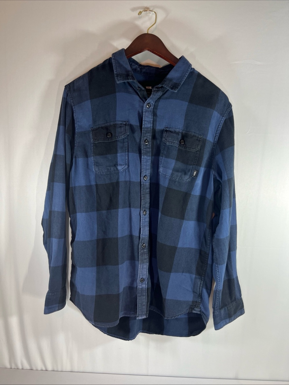 Vans Off The Wall Men L Flannel Shirt Blue Black Plaid Skater Classic Long Sleev